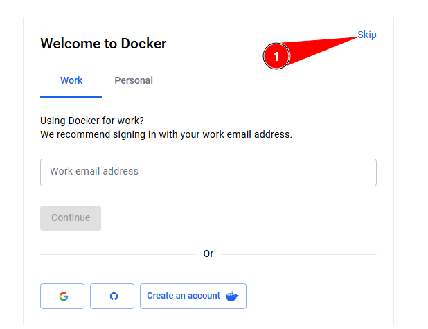 Docker Desktop Welcome - Skip